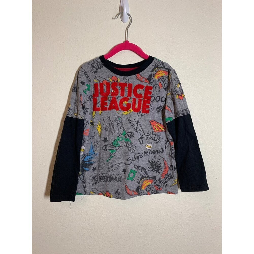 Justice League Long Sleeve Graphic Tee T-Shirt DC Comics Gray Boys Size XS (4/5)